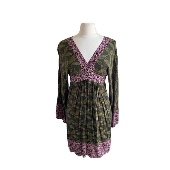 RACHEL ROY Dress Womens Sz 0 Fit Flare Green Palm Print Coastal Boho Festival - Picture 1 of 7